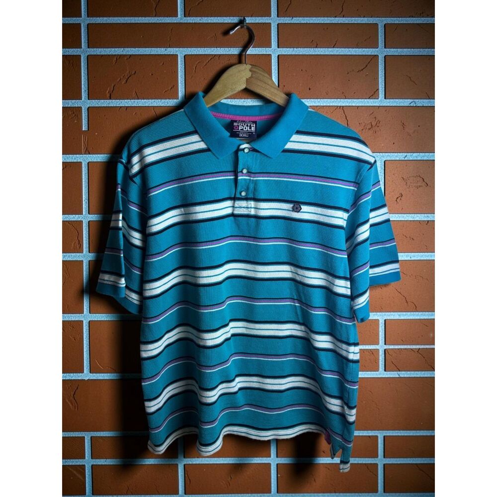 South Pole Striped Polo Shirt Men’s XXL Blue Pink Y2K Hip Hop